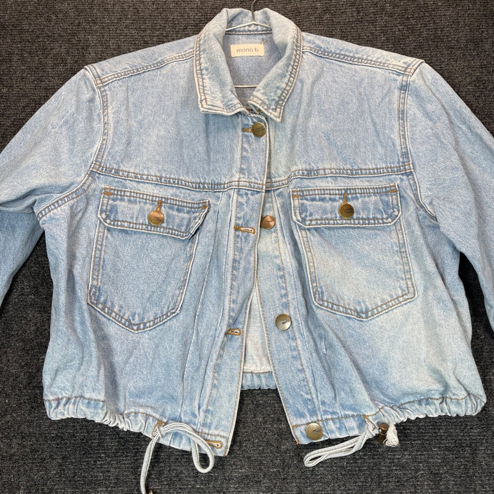 Y2K Mono B Denim Jacket Women L Light Wash Cropped Drawstring Hem 90s Streetwear